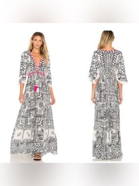 Hemant & Nandita White black tassel  Maxi Dress Sz Small